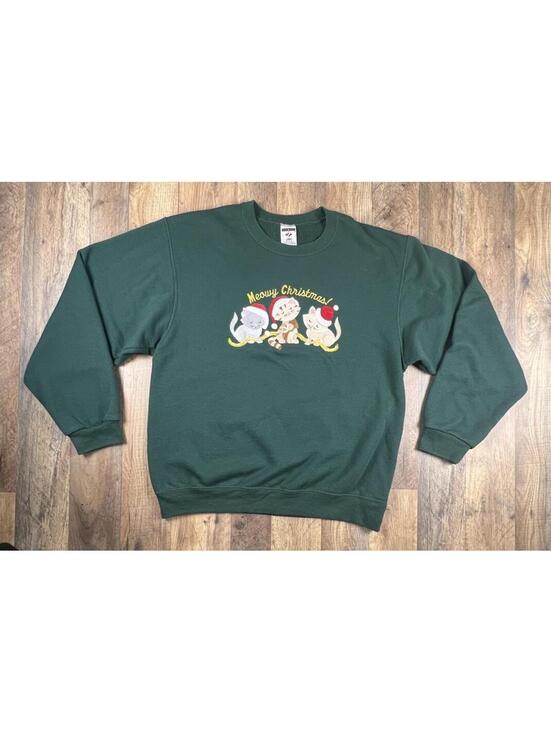 JERZEES Tops - Vintage 90s Cat Meowy Christmas Sweatshirt Stitched Cute Kitty Kitten Playing M